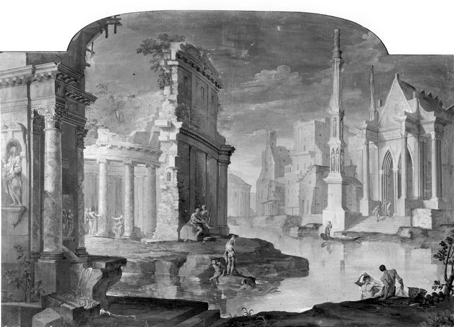 Veduta di rovine con fiume e chiesa gotica - Bologna